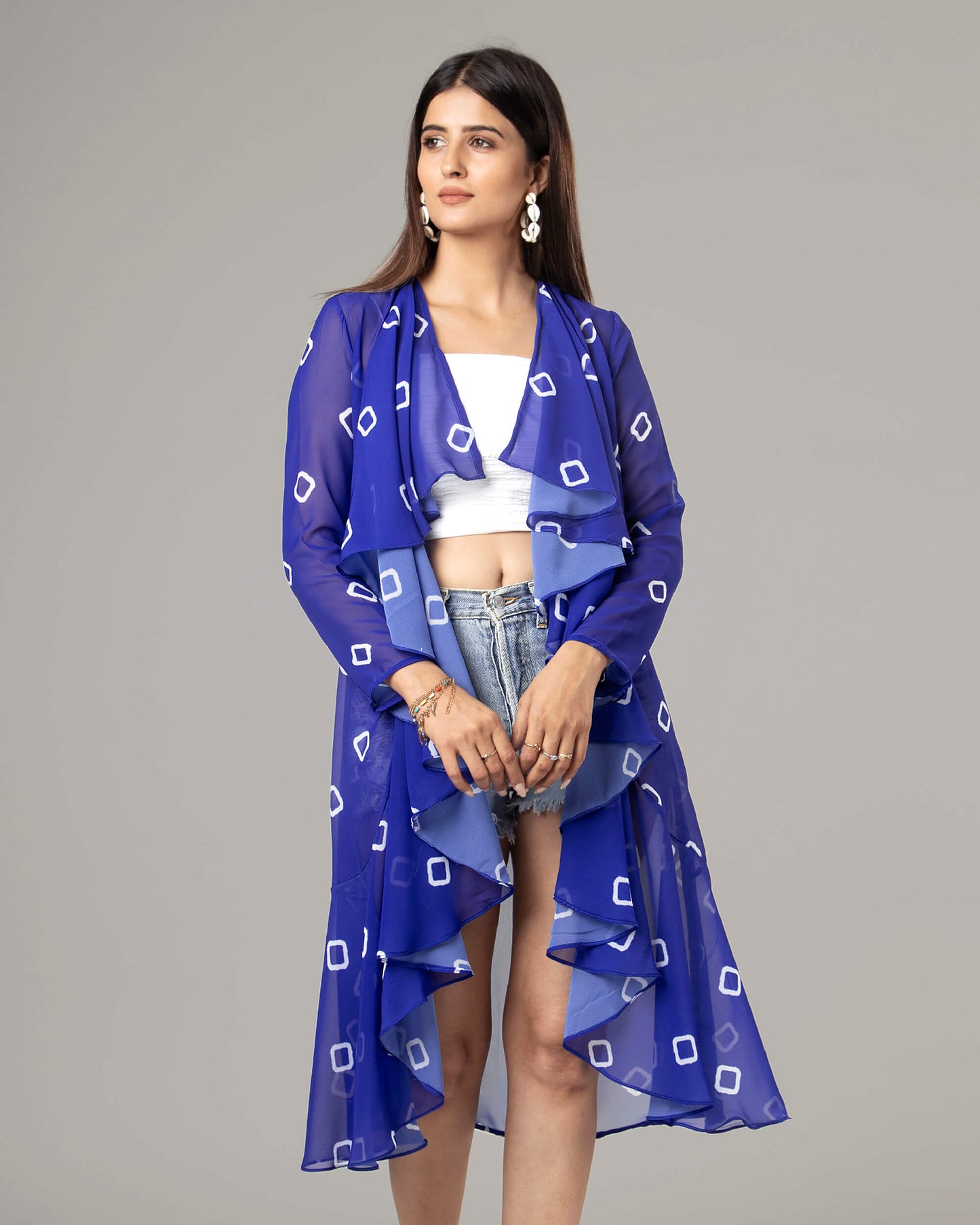 Trendy Royal Bandhanii Waterfall Shrug For Women