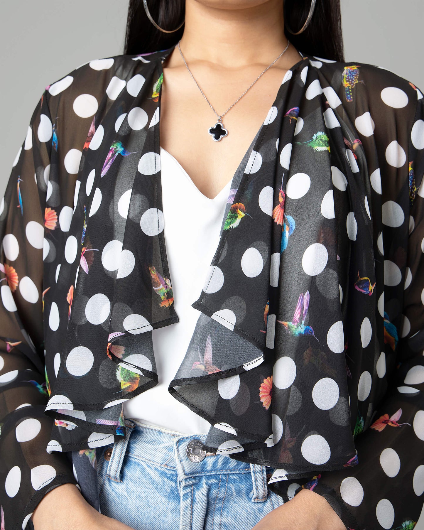 Trendy Humming Polka Waterfall Shrug For Women