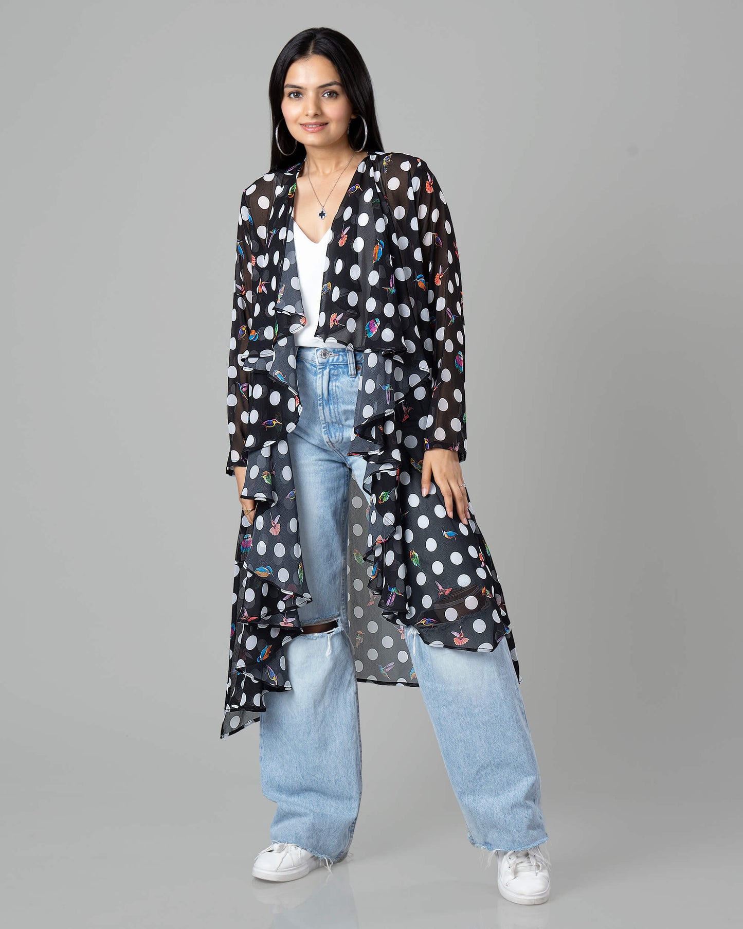 Trendy Humming Polka Waterfall Shrug For Women