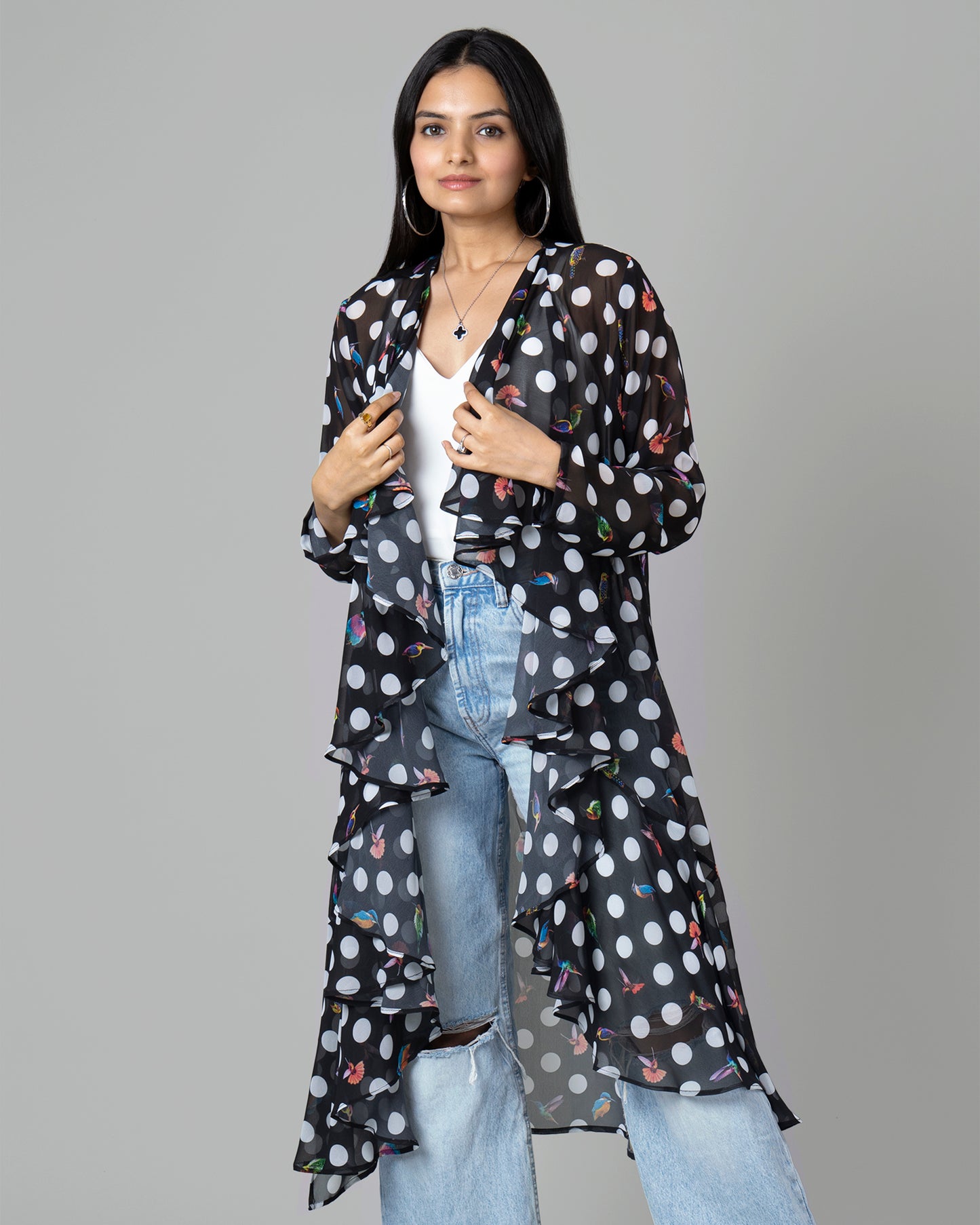 Trendy Humming Polka Waterfall Shrug For Women