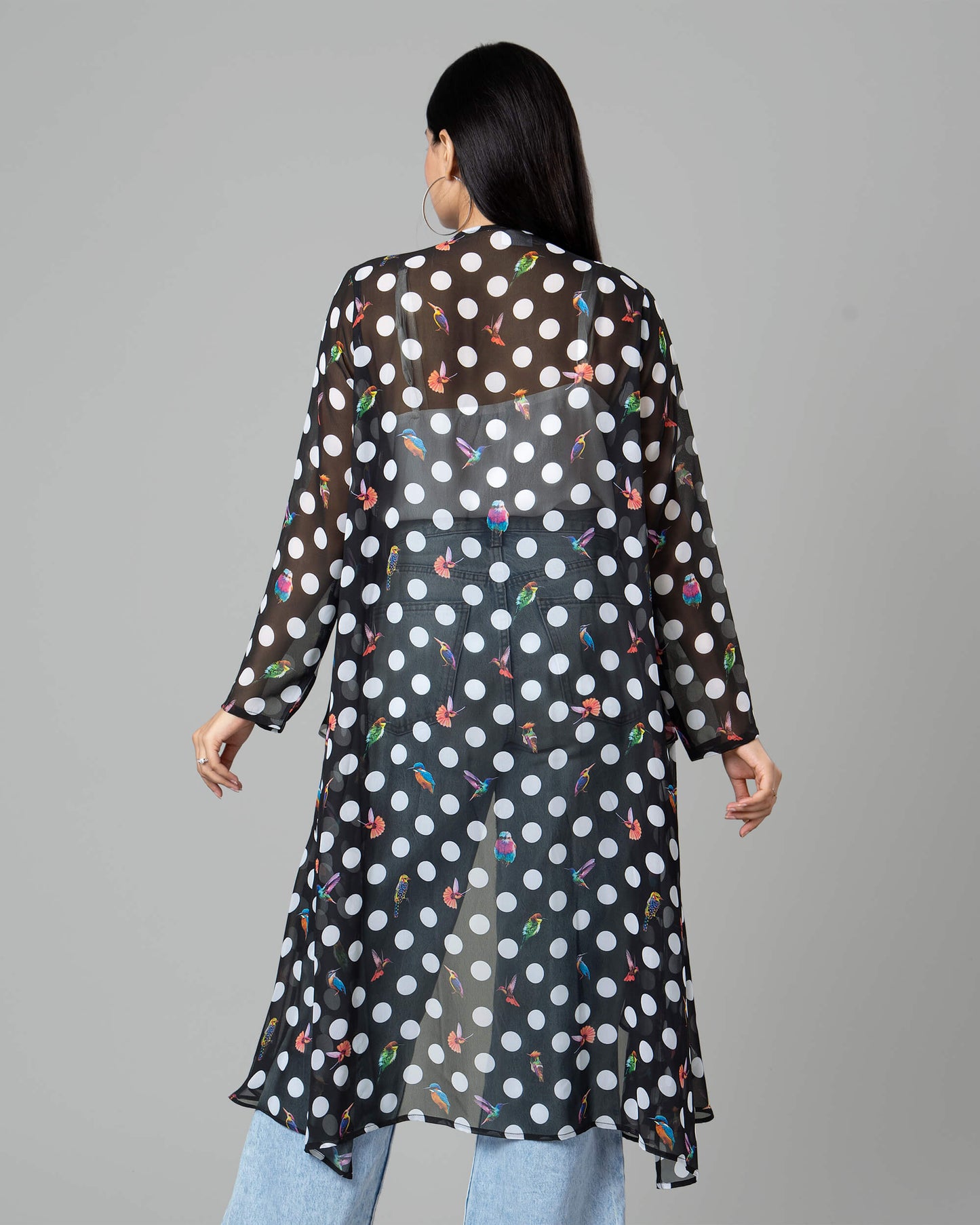 Trendy Humming Polka Waterfall Shrug For Women