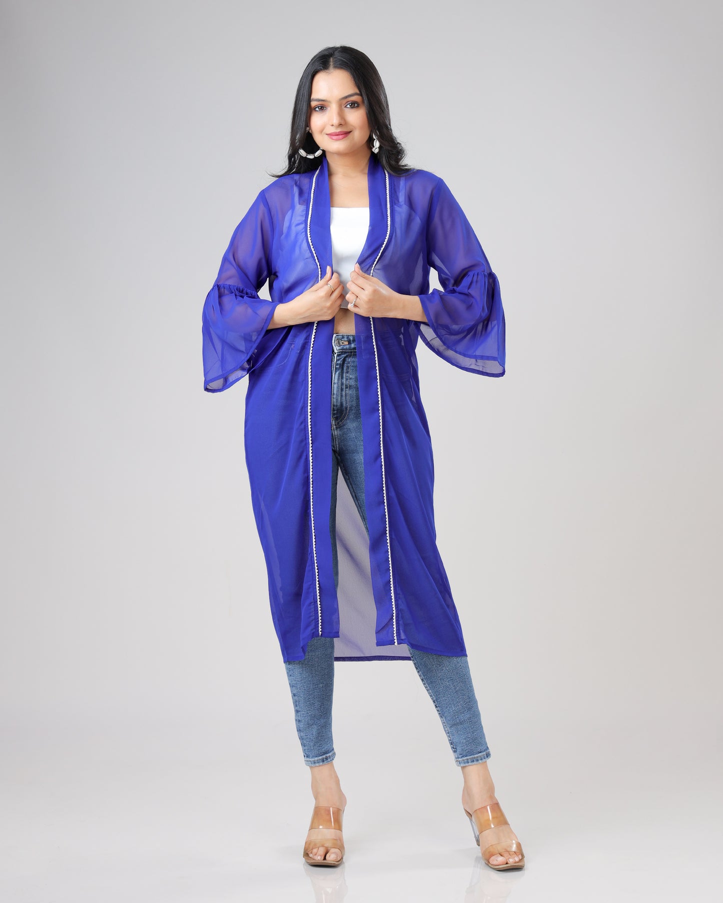 Classic Plain Blue Lace Work Shrug For Woman