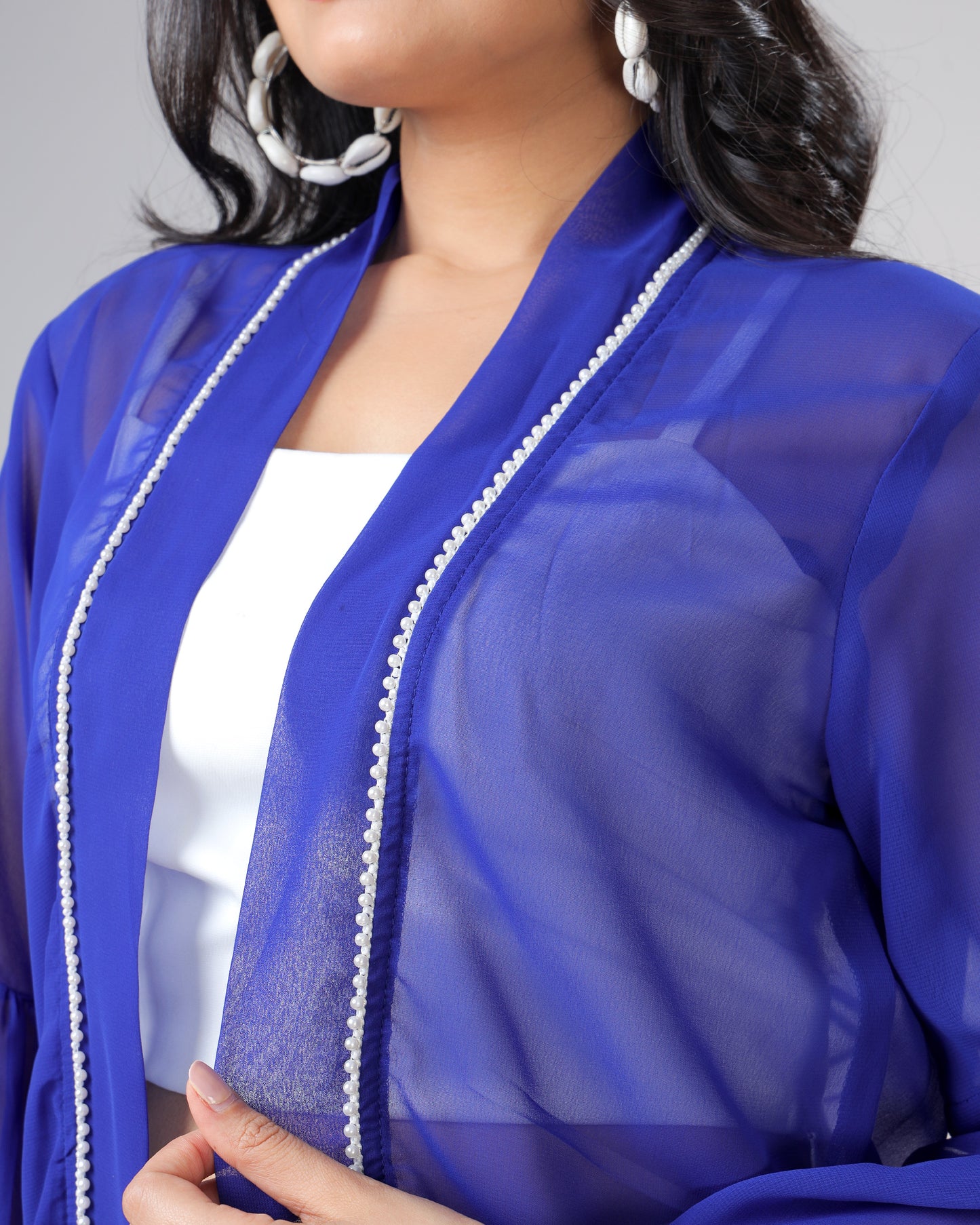 Classic Plain Blue Lace Work Shrug For Woman