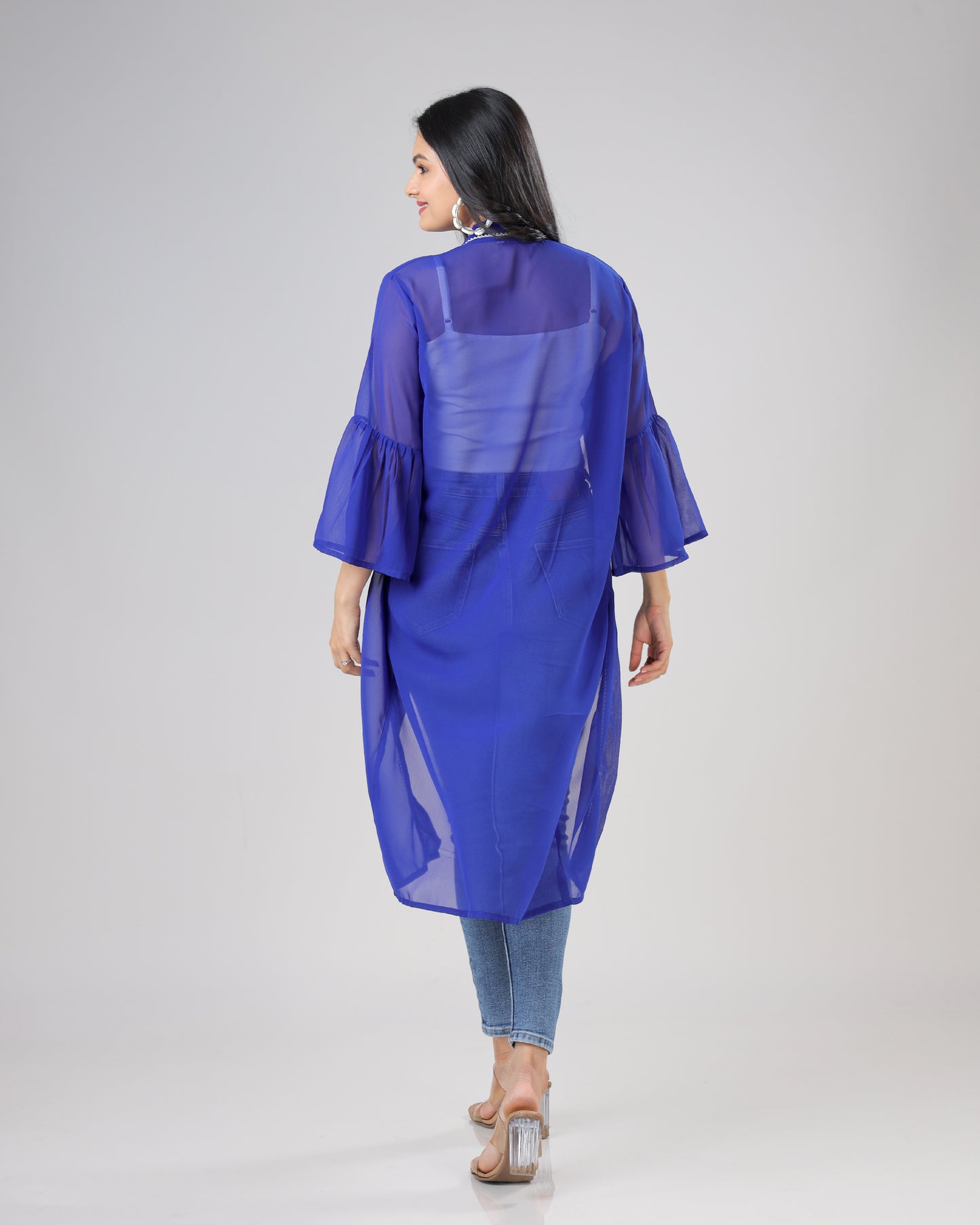 Classic Plain Blue Lace Work Shrug For Woman
