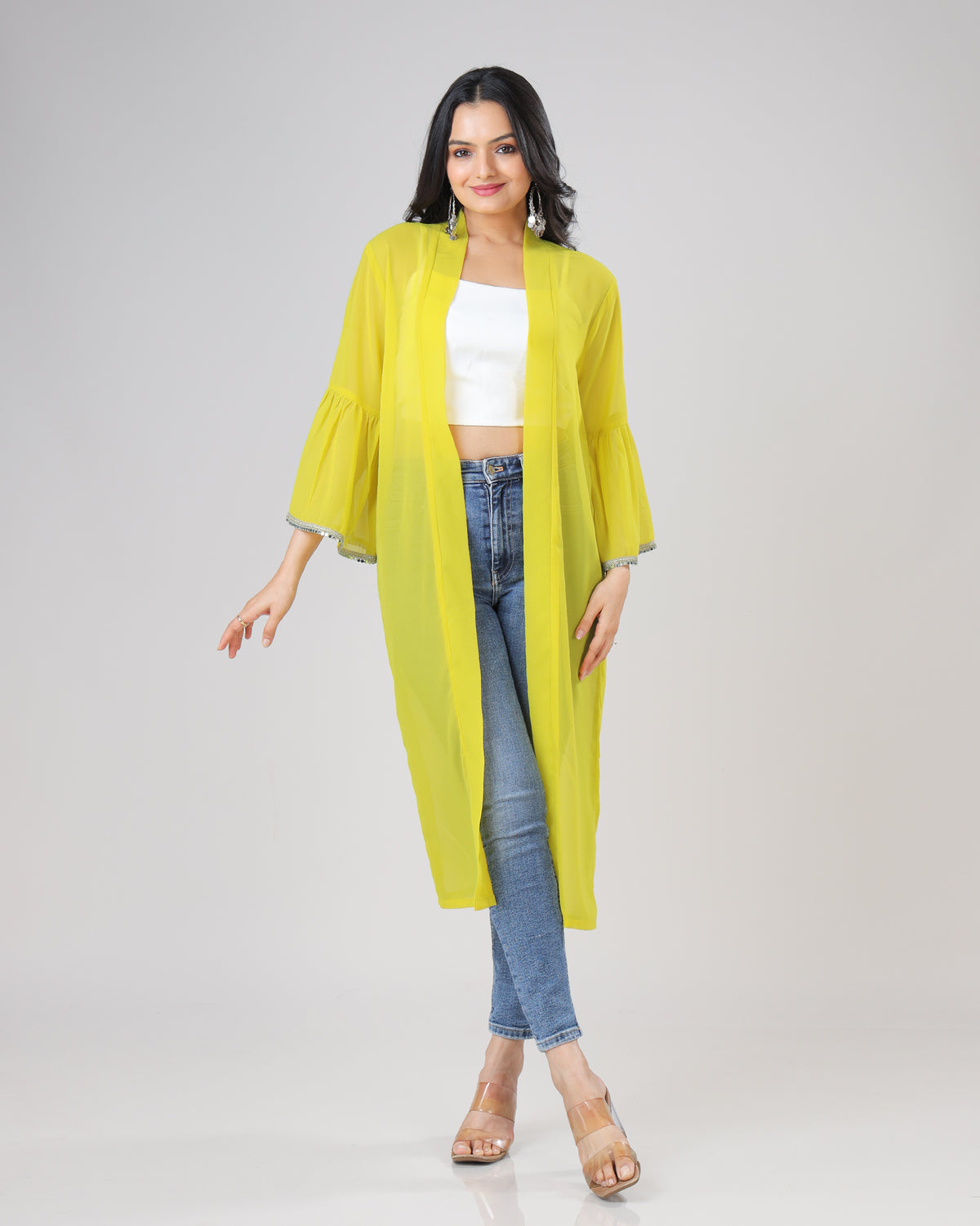 Classic Plain Yellow Lace Work Shrug For Woman