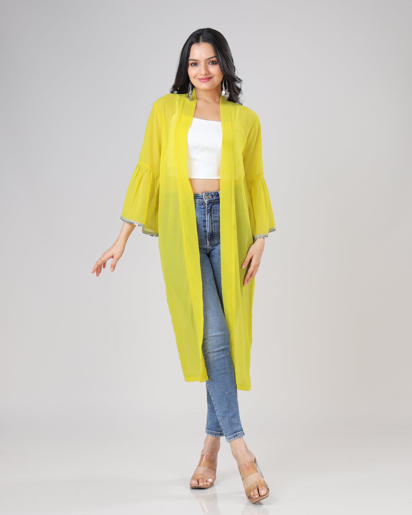 Classic Plain Yellow Lace Work Shrug For Woman