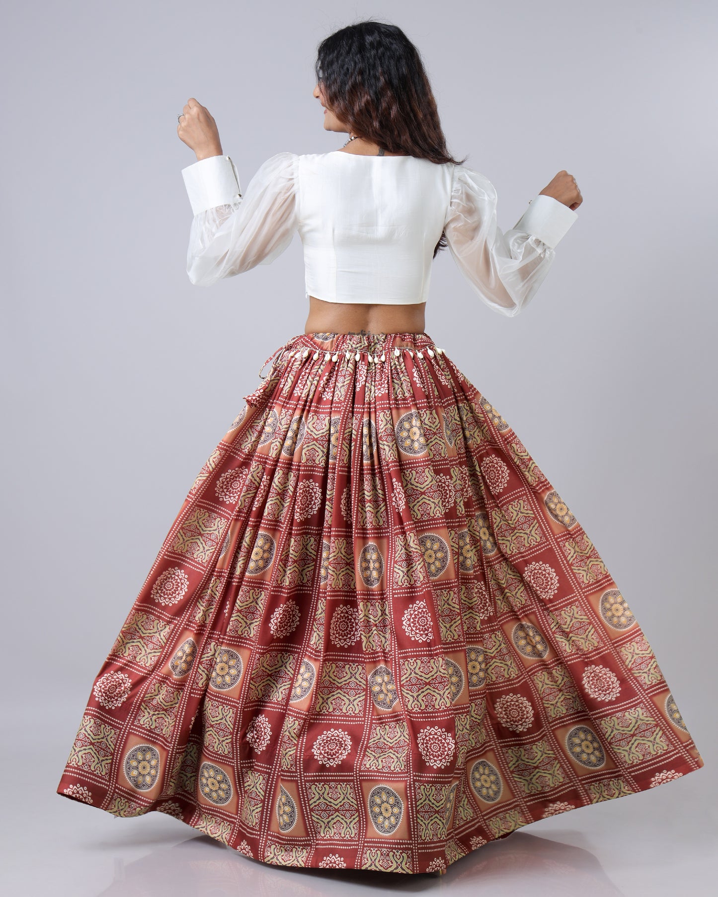 Ruby Red Bandhanii Printed Flared Lehenga With Kodi Work Lace