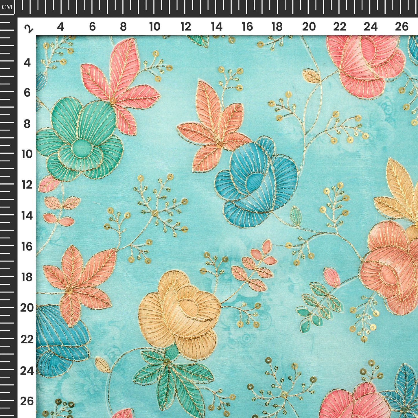 Sky Blue Floral Position Print Chanderi Fabric