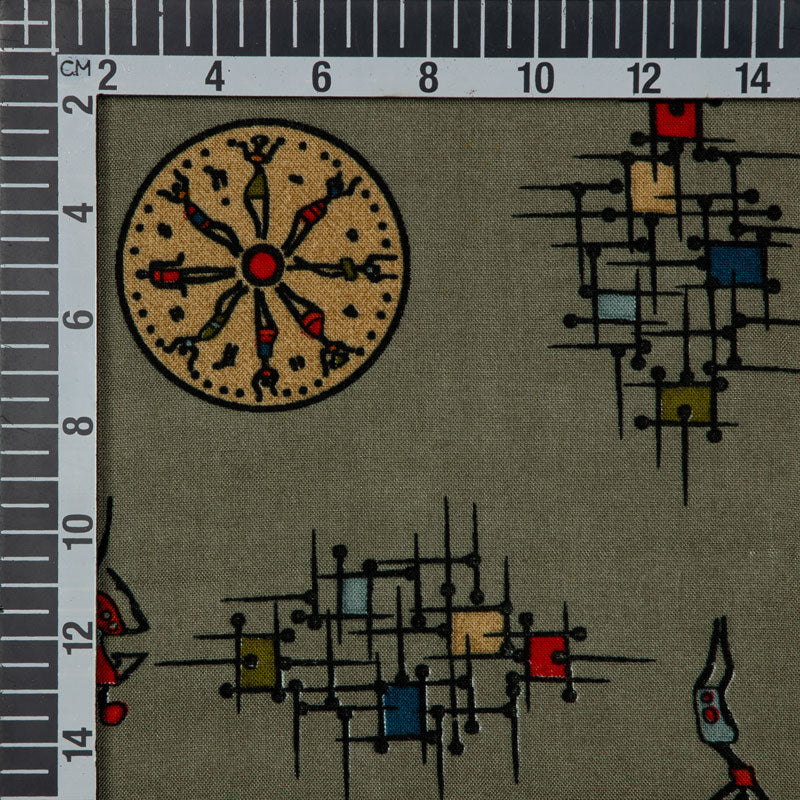 Olive Green Tribal Pattern Screen Print Viscose Rayon Fabric
