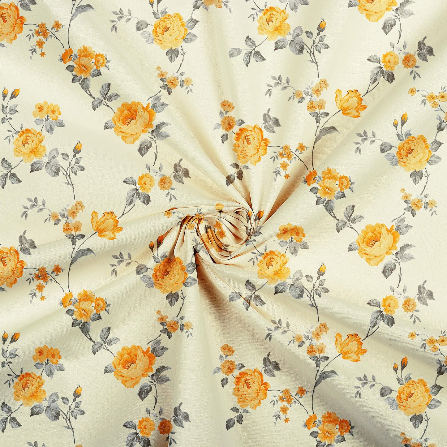 Jit's Choice Ivory Cream And Flex Yellow Floral Pattern Digital Print Rayon Fabric - Fabcurate