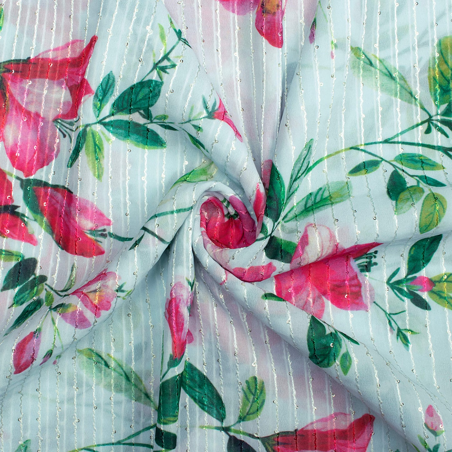 Yesha's Choice White And Green Floral Pattern Digital Print Premium Sequins Georgette Fabric