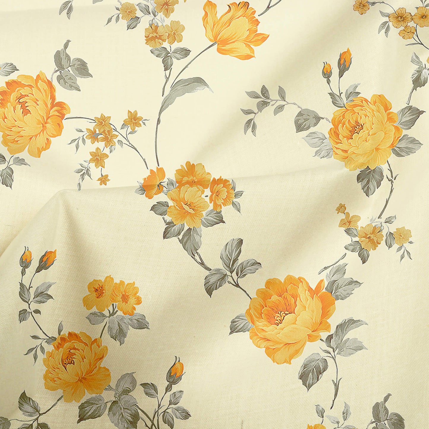 Jit's Choice Ivory Cream And Flex Yellow Floral Pattern Digital Print Rayon Fabric - Fabcurate