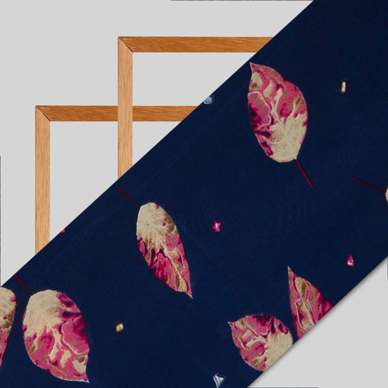 Navy Blue leaf Pattern Silk Fabric