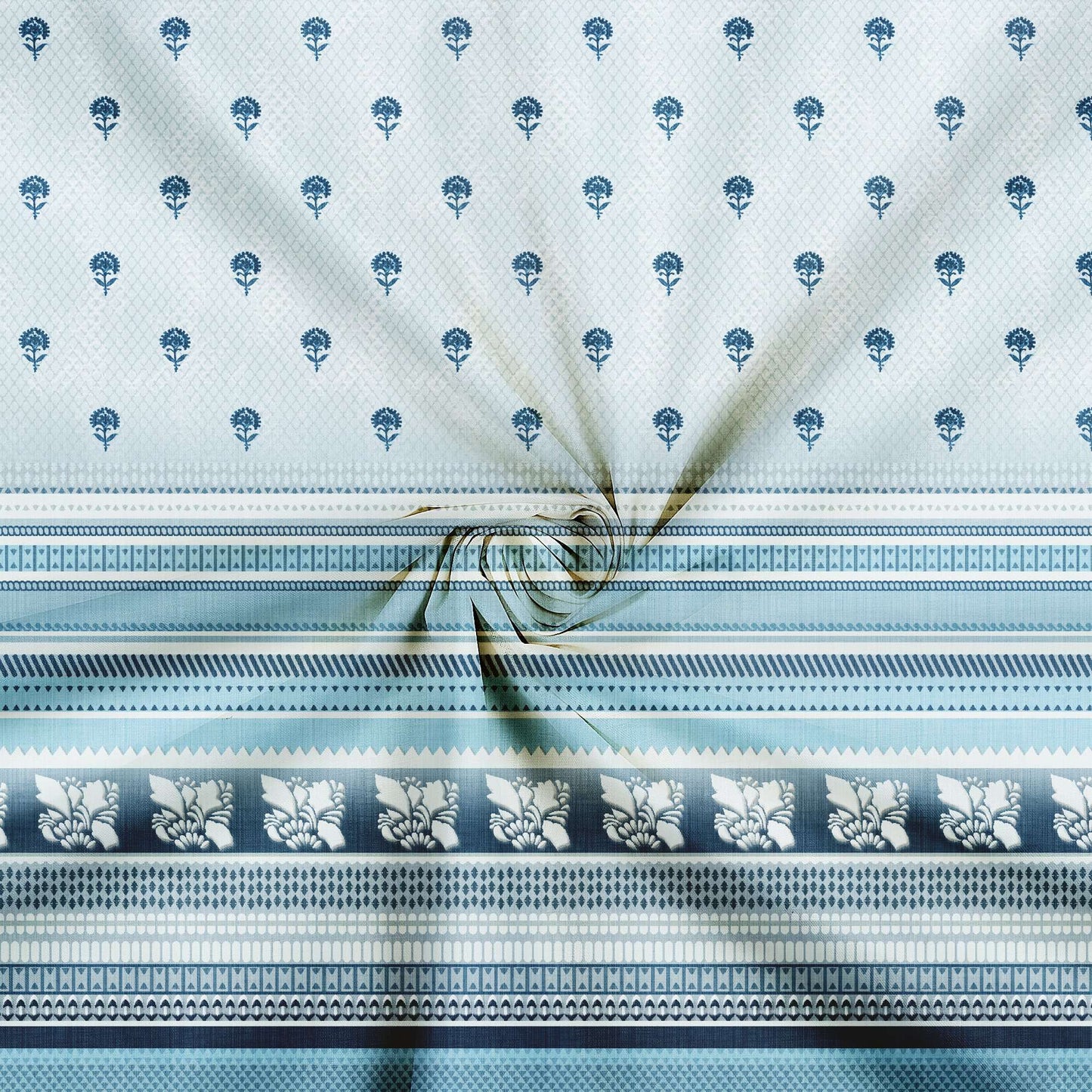 Safal's Choice Off White And Blue Traditional Pattern Digital Print Japan Satin Fabric - Fabcurate