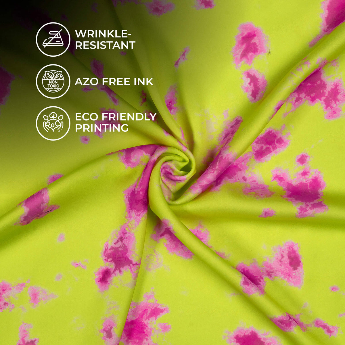 Lime Green & Pink Tie & Dye Imported Satin Fabric