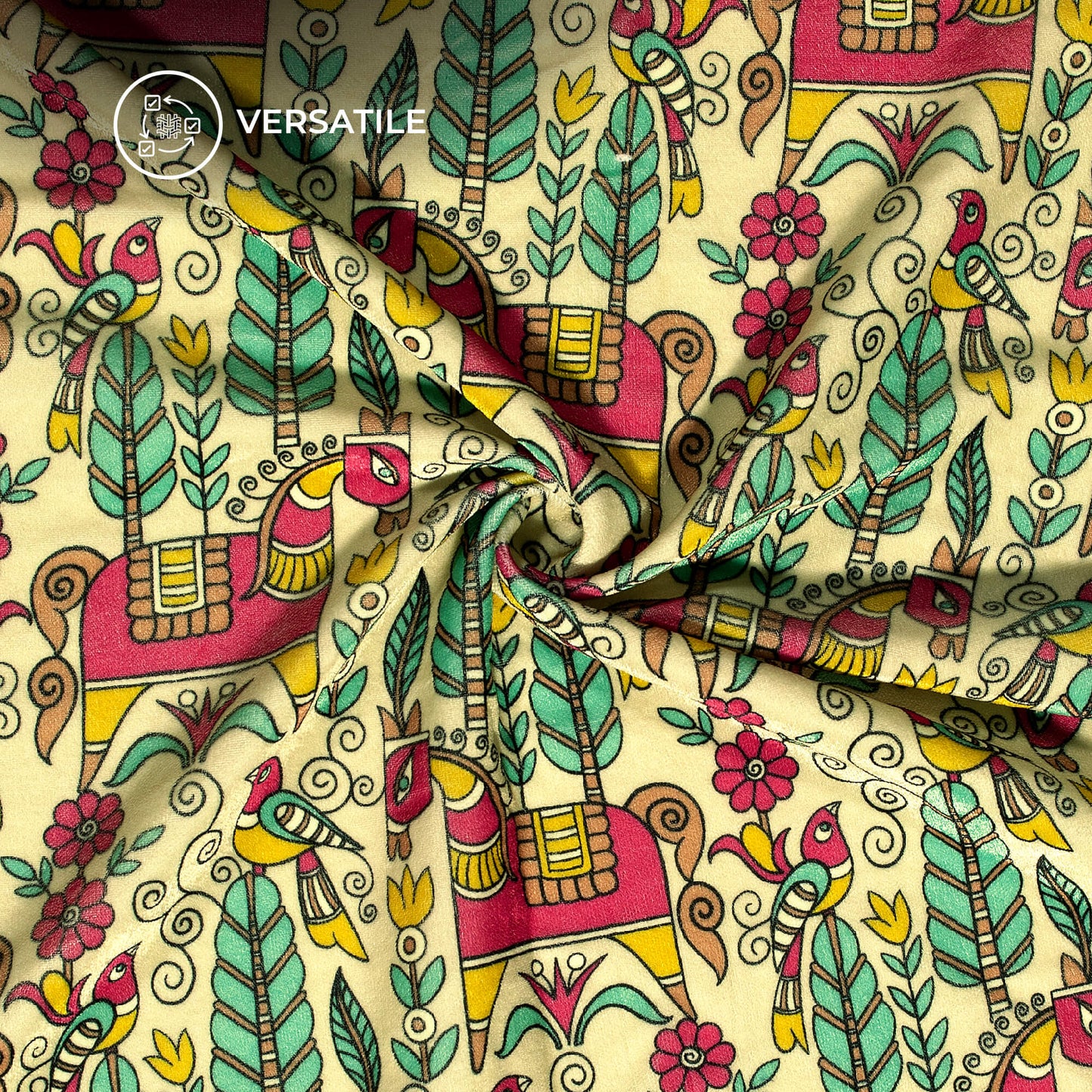 Flax Yellow And Pink Madhuvanii Digital Print Premium Velvet Fabric