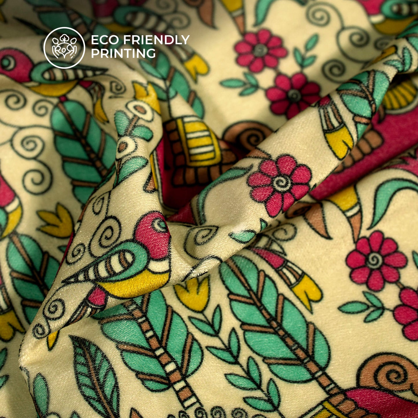 Flax Yellow And Pink Madhuvanii Digital Print Premium Velvet Fabric