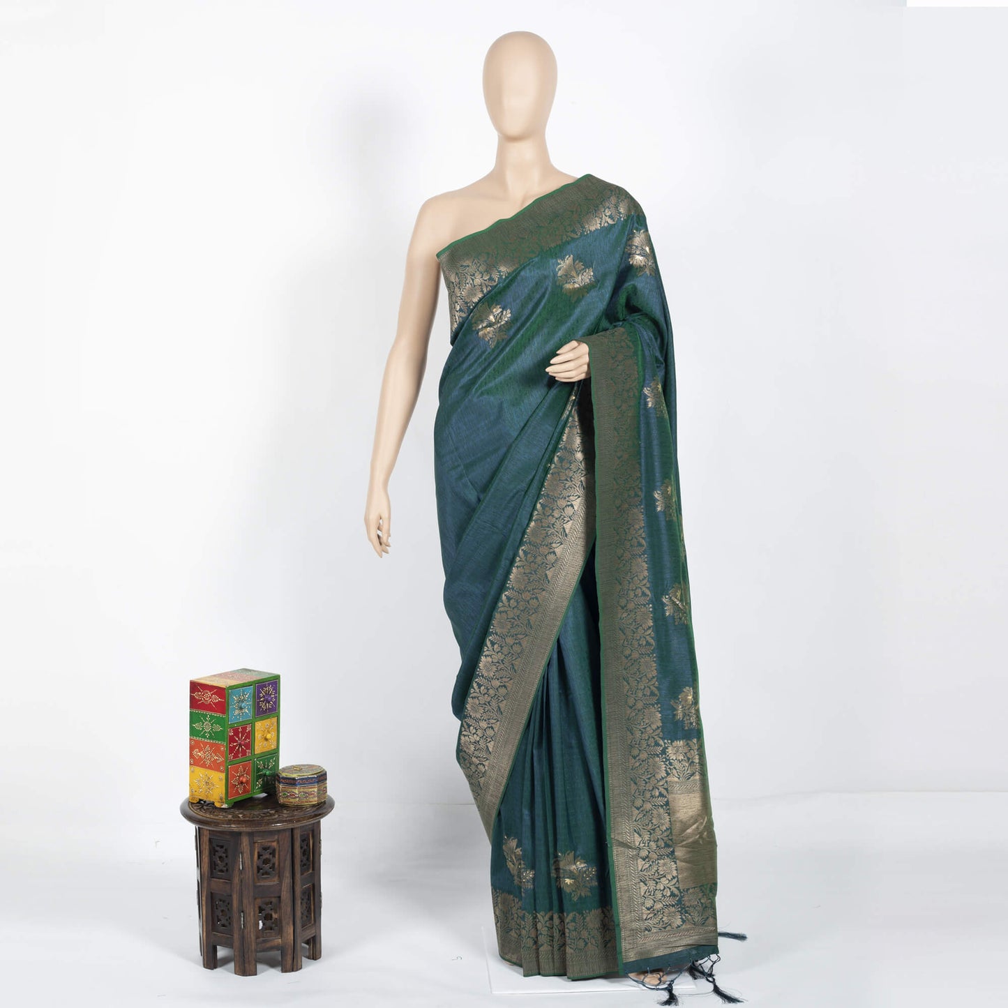 Peacock Green And Beige Ethnic Pattern Zari Jacquard Borderd Art Tussar Silk Premium Saree