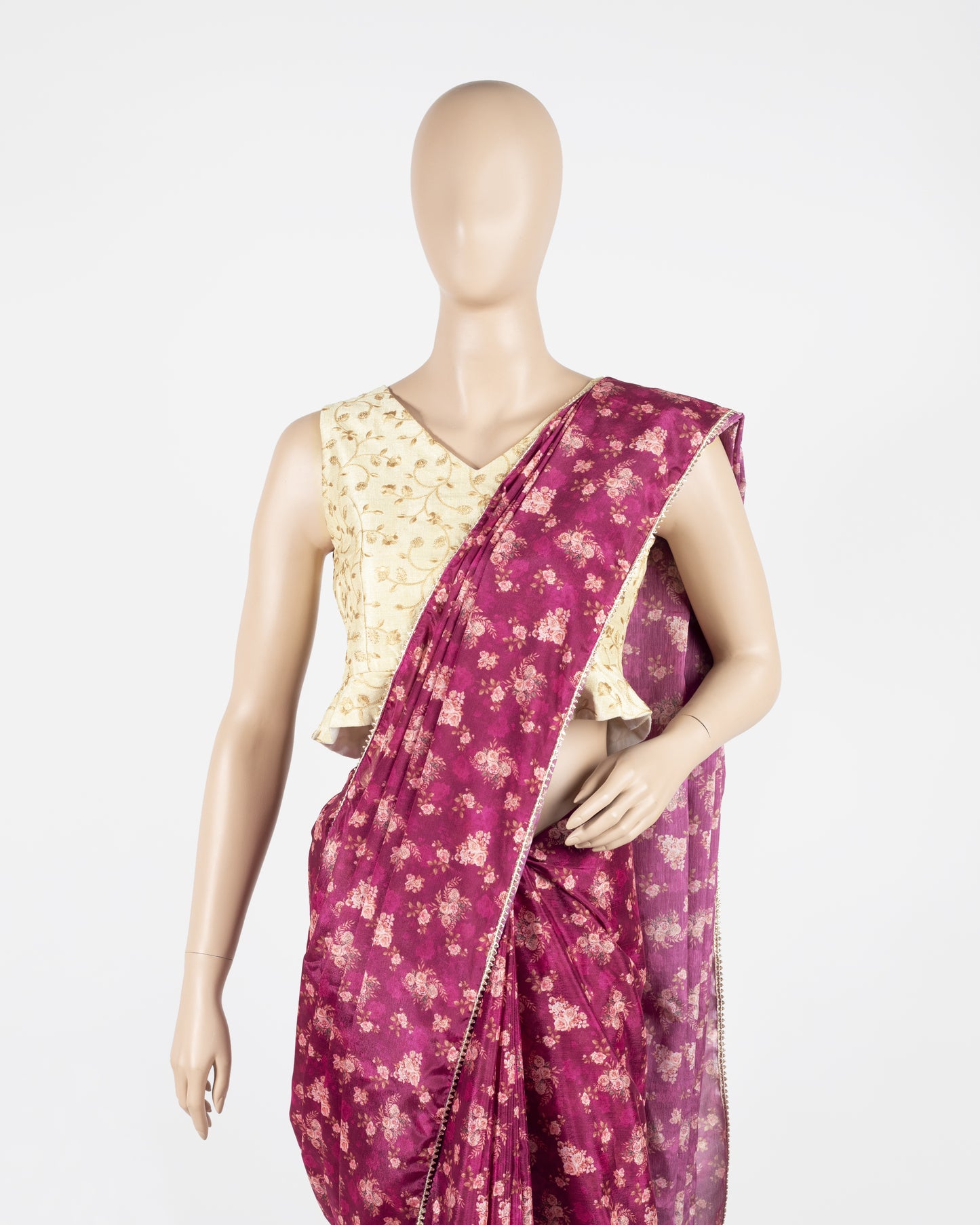 Exclusive Mulberry Purple And Rose Pink Floral Poly Chinnon Saree