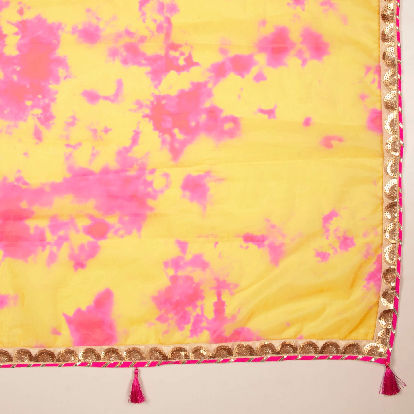 Mustard Yellow And Pink Tye And Dye Pattern Digital Print Premium Organza Satin Saree With Lace Border