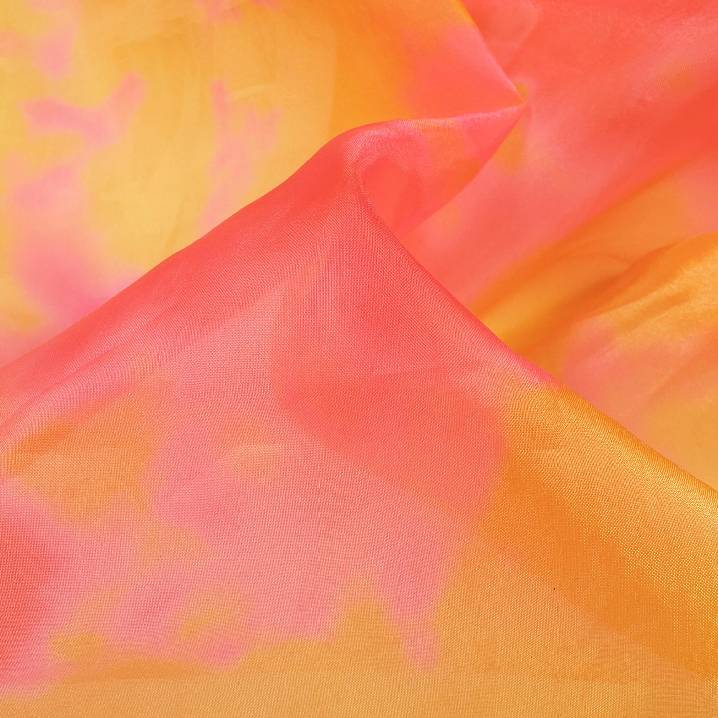 Mustard Yellow And Pink Tye And Dye Pattern Digital Print Premium Organza Satin Saree With Lace Border