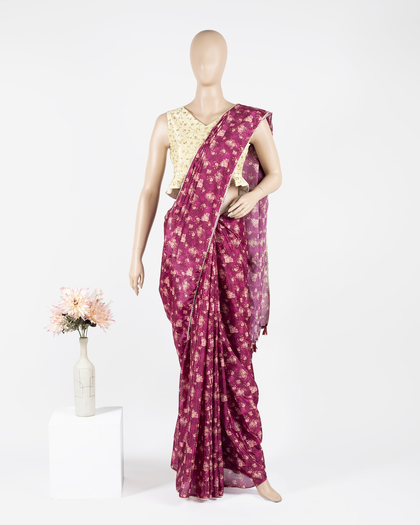 Exclusive Mulberry Purple And Rose Pink Floral Poly Chinnon Saree