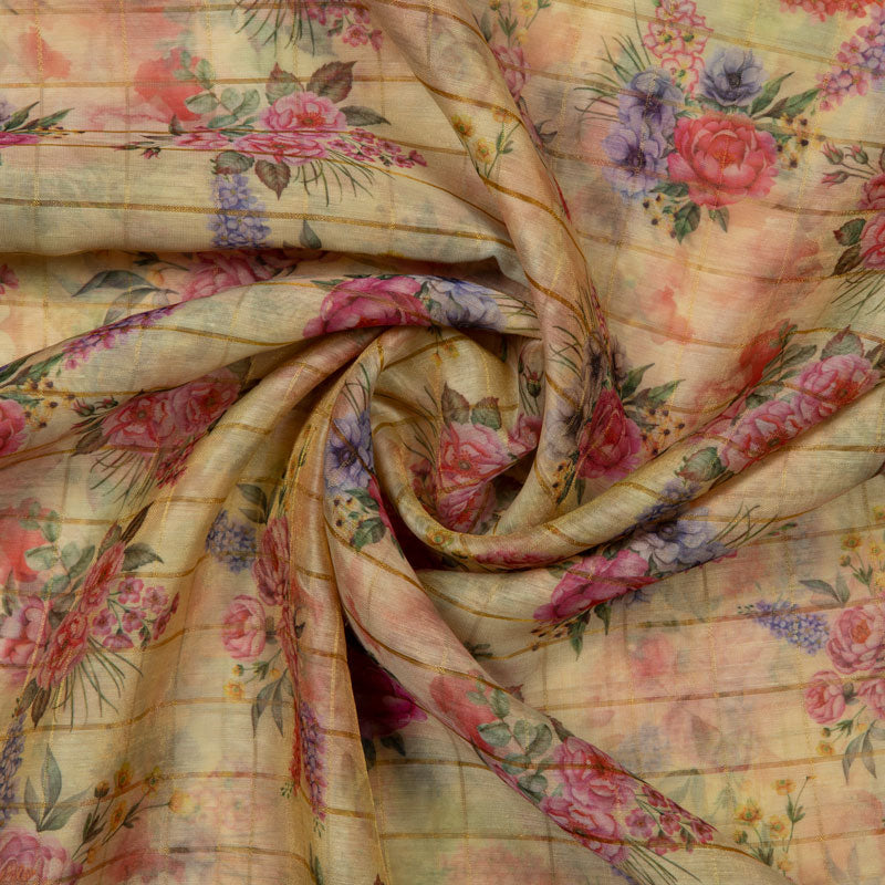 Digital Floral Print Zari Checks Chanderi Feel Fabric