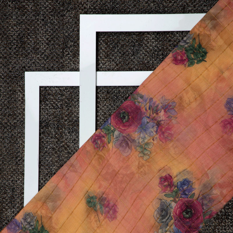 Digital Floral Print Zari Checks Chanderi Feel Fabric