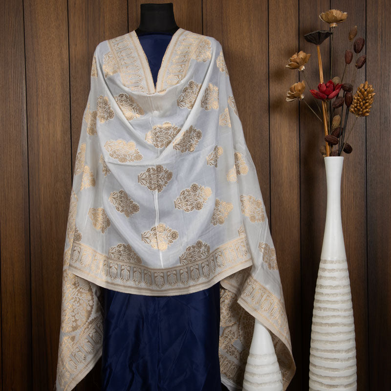 White Ethnic Pattern Jacquard Dolla Silk Dupatta