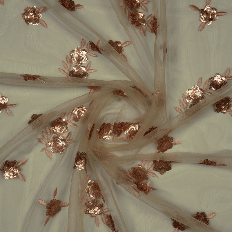Beige And Pink Floral Pattern Premium Sequins Net Fabric