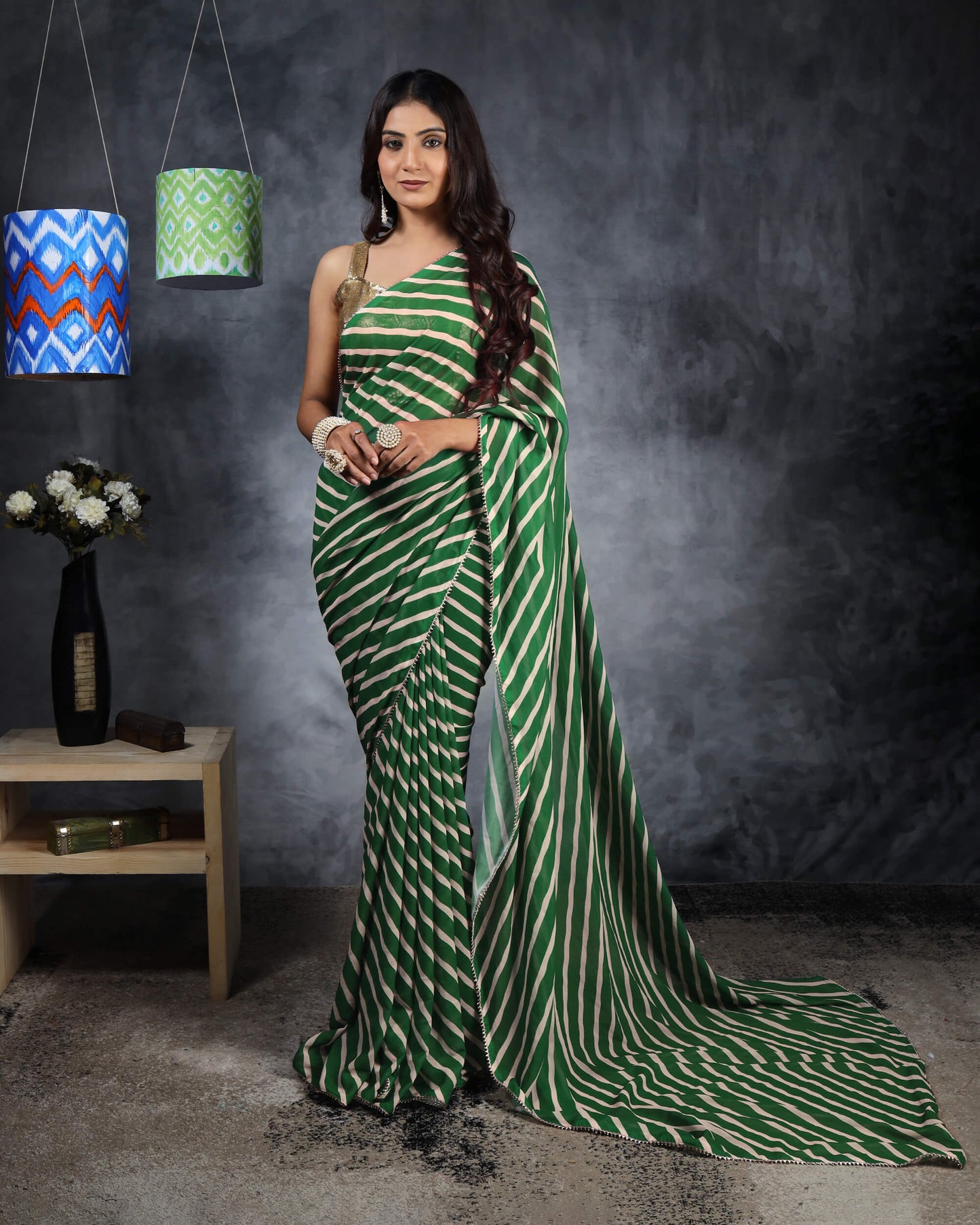 Grass Green And Beige Leheriya Pattern Digital Print Georgette Saree With Golden Zari Lace Border