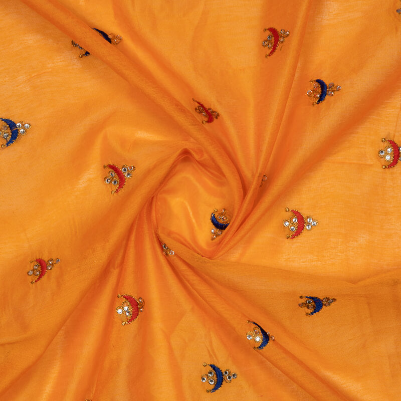 Gold Yellow Butti Pattern Embroidery Chanderi Fabric - Fabcurate