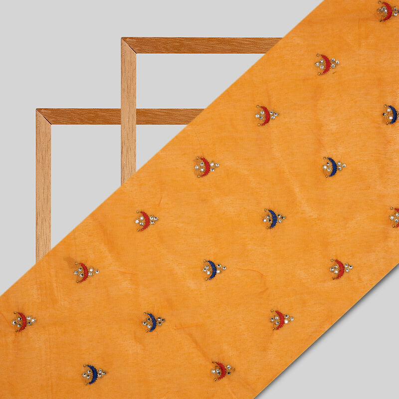 Gold Yellow Butti Pattern Embroidery Chanderi Fabric - Fabcurate