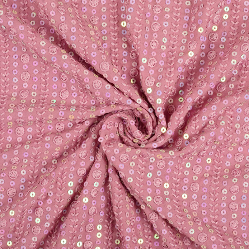 Lemonade Pink Stripes Pattern Embroidery Sequince Georgette Fabric - Fabcurate