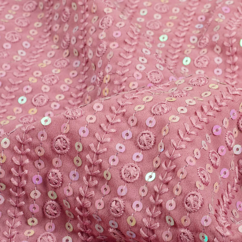 Lemonade Pink Stripes Pattern Embroidery Sequince Georgette Fabric - Fabcurate