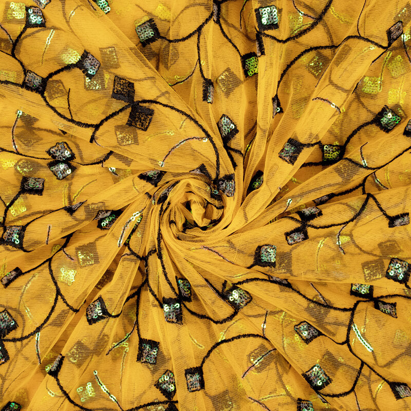Yellow And Black Ethnic Pattern Embroidery Sequince Net Fabric - Fabcurate