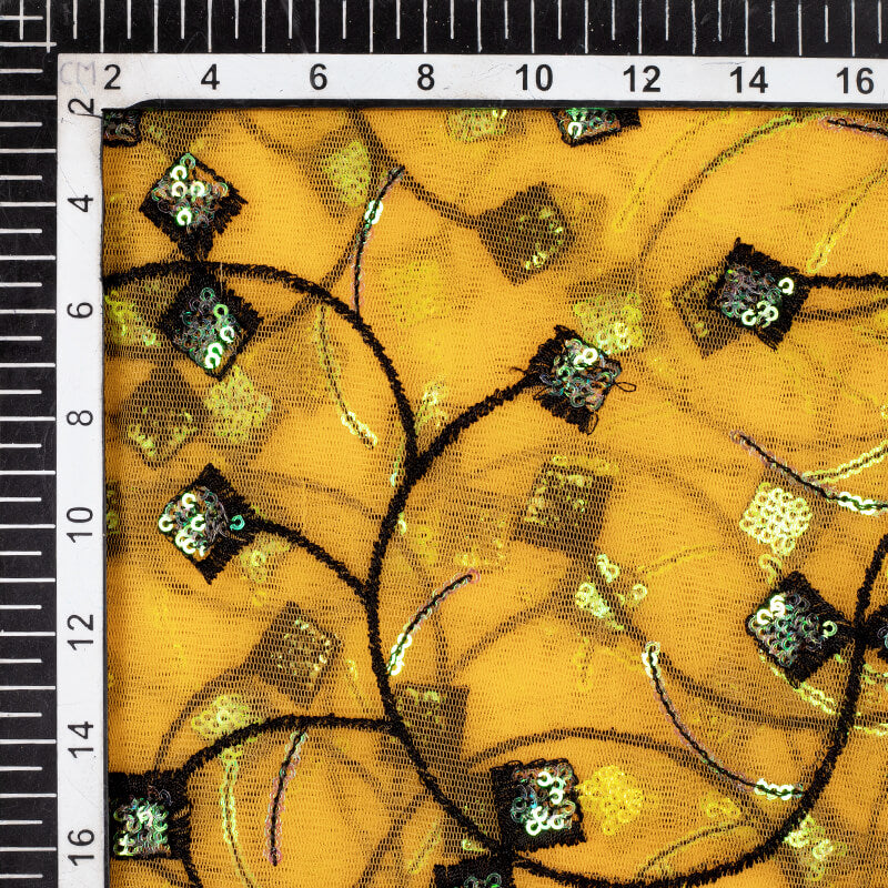 Yellow And Black Ethnic Pattern Embroidery Sequince Net Fabric - Fabcurate