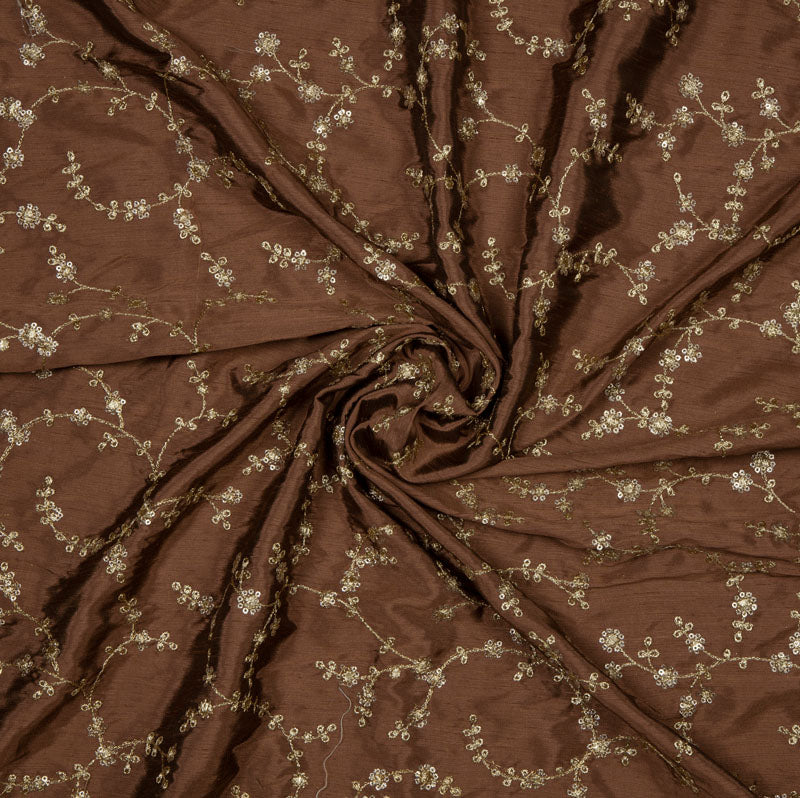 Brown Floral Pattern Heavy Embroidery Cotton Fabric - Fabcurate