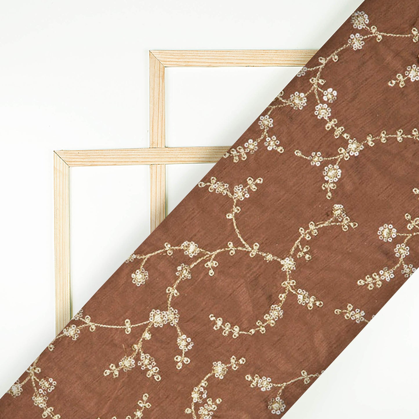 Brown Floral Pattern Heavy Embroidery Cotton Fabric - Fabcurate