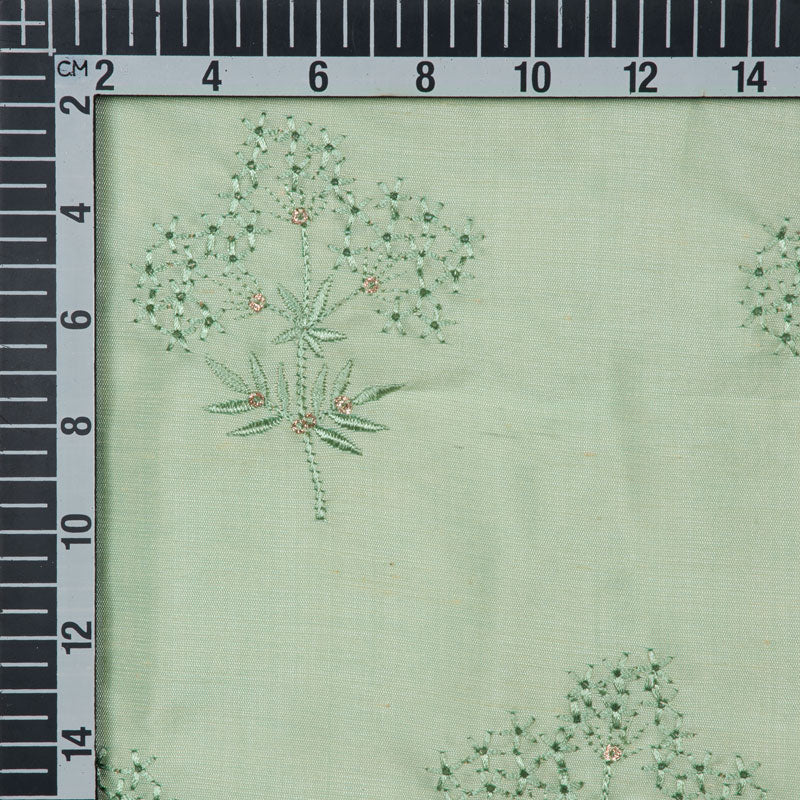 Light Green Floral Pattern Embroidery Silk Fabric - Fabcurate