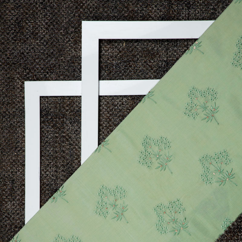 Light Green Floral Pattern Embroidery Silk Fabric - Fabcurate