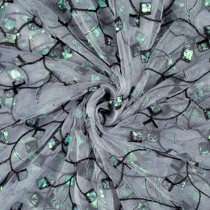 Grey And Black Ethnic Pattern Embroidery Sequince Net Fabric - Fabcurate