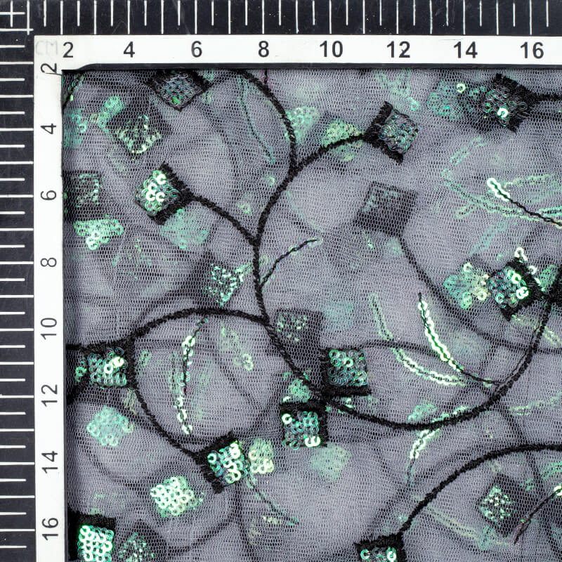 Grey And Black Ethnic Pattern Embroidery Sequince Net Fabric - Fabcurate
