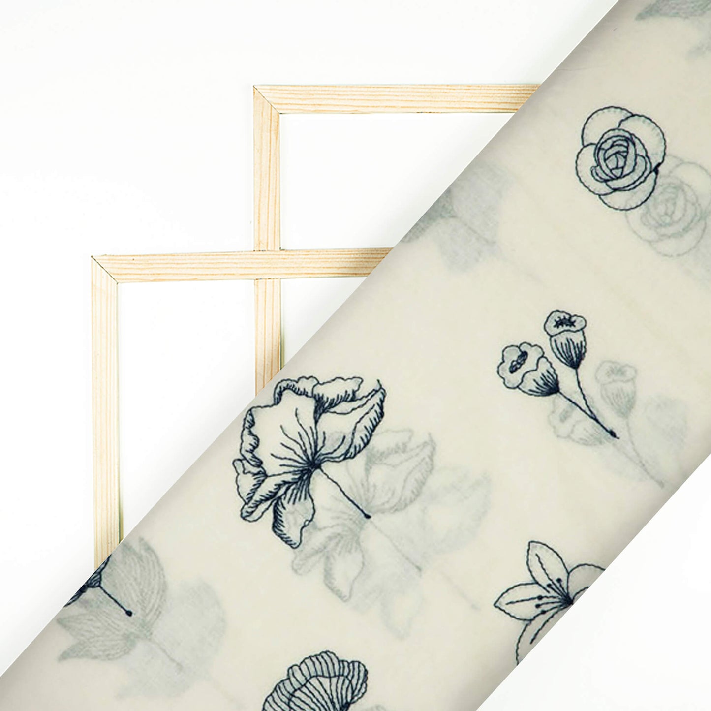 White And Black Floral Pattern Embroidery Cotton Fabric - Fabcurate