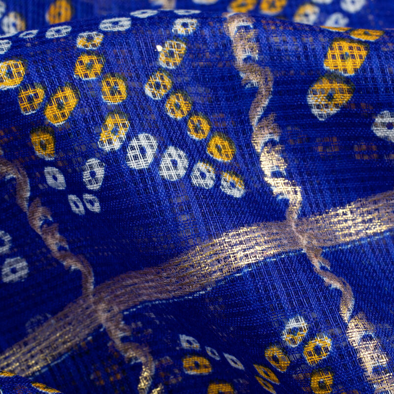 Royal Blue Bandhani Pattern Foil Print Kota Doria Fabric - Fabcurate