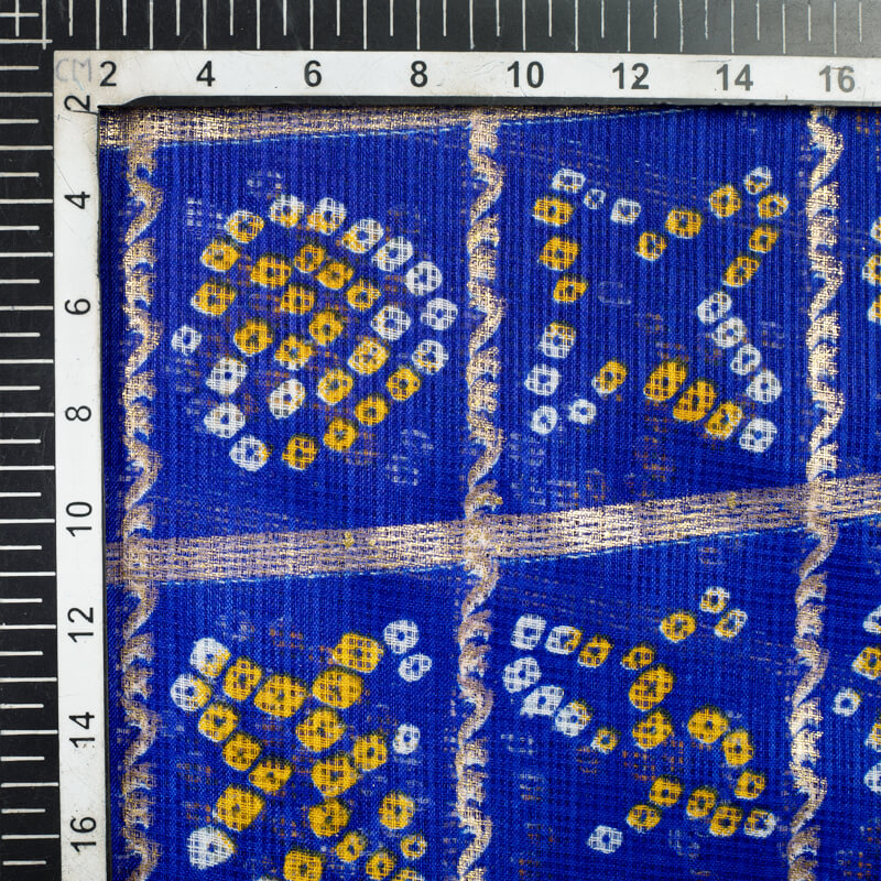 Royal Blue Bandhani Pattern Foil Print Kota Doria Fabric - Fabcurate