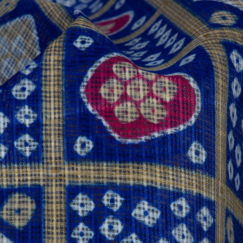 Royal Blue Bandhani Pattern Screen Print Kota Doria Fabric - Fabcurate