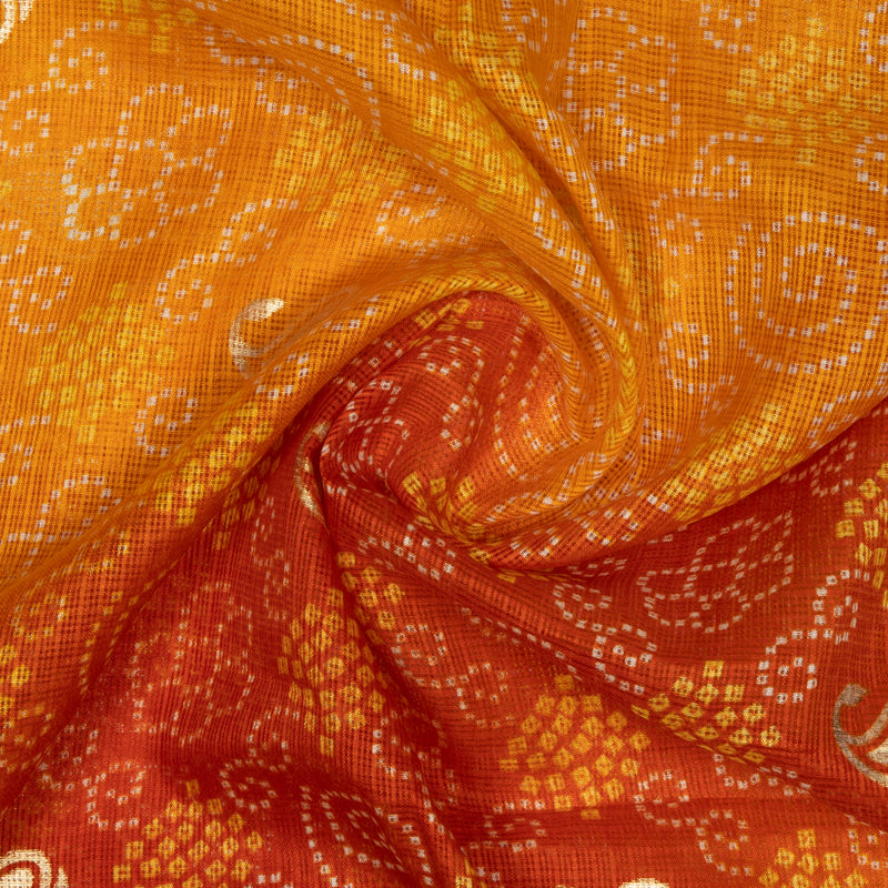 Yellow And Orange Bandhani Pattern Foil Print Kota Doria Fabric - Fabcurate