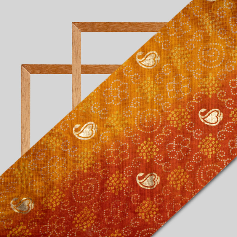 Yellow And Orange Bandhani Pattern Foil Print Kota Doria Fabric - Fabcurate