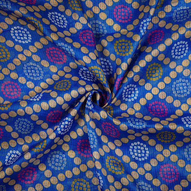 Blue And Beige Bandhani Pattern Screen Print Kota Doria Fabric - Fabcurate